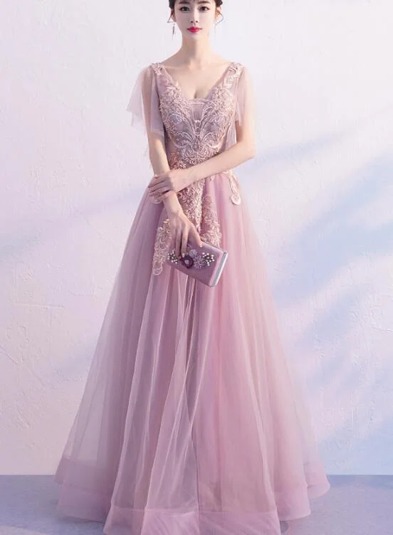 Beautiful Pink Tulle Party Dress with Train, A-line Prom Dress Tunics Cozy comfortable Beautiful Pink Tulle Party Dress with Train, A-line Prom Dress Tunics Cozy comfortable
