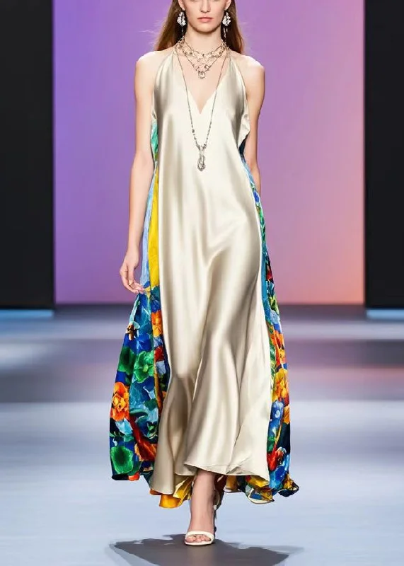 Champagne Patchwork Silk Party Dress Cold Shoulder Summer Tunics Ceremony elegant