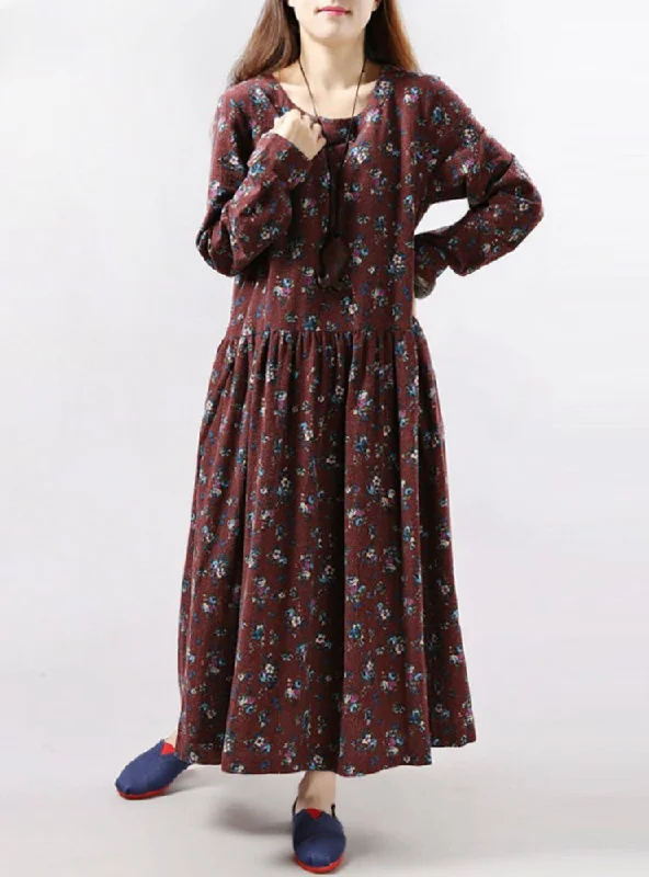 Women Vintage Floral Print Dress Long Sleeve O Neck Pockets Pencil Office Professional