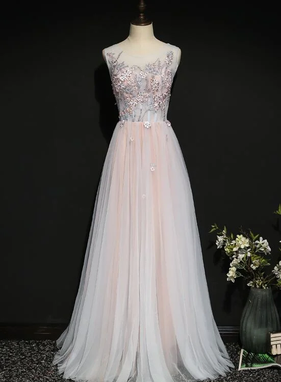 Light Pink Floral Tulle A-line Prom Dress 2020, Long Party Dress Tunics Brand named