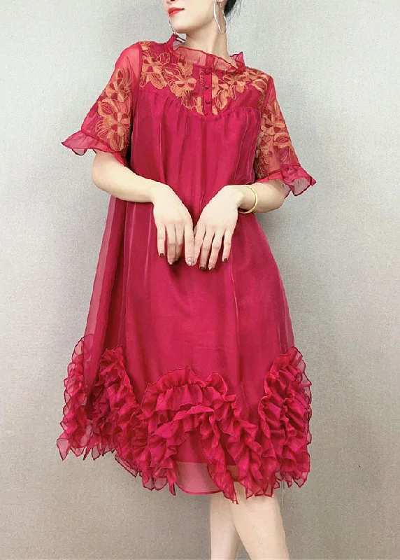 Red Patchwork Tulle Party Dress Embroideried Ruffled Summer Tunics Summer linen