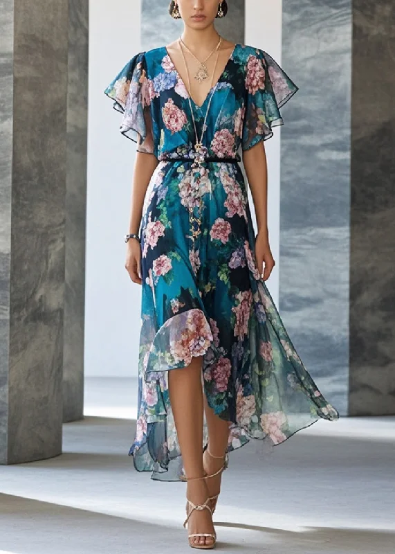 Style Peacock Blue Print Chiffon Party Dress Summer Tunics Top rated