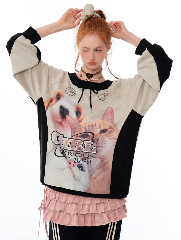 Cat and Dog Print Two-Tone Sweatshirt Oversized Hoodie Comfort Casual