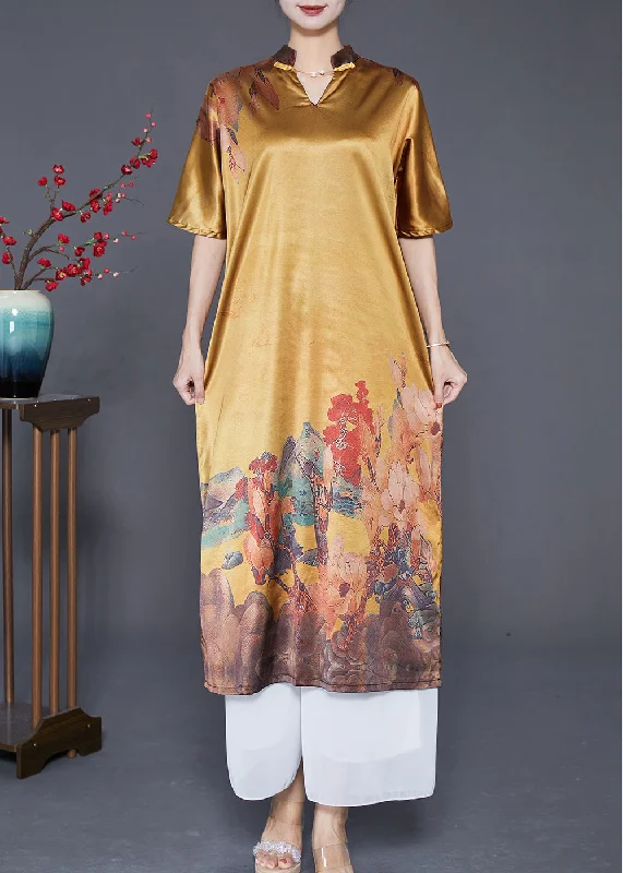Casual Yellow V Neck Print Silk Party Dress Summer Tunics Sale discount