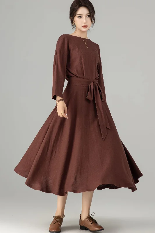 Brown long sleeves midi linen dress 5704 Tunics Fashionable trendy