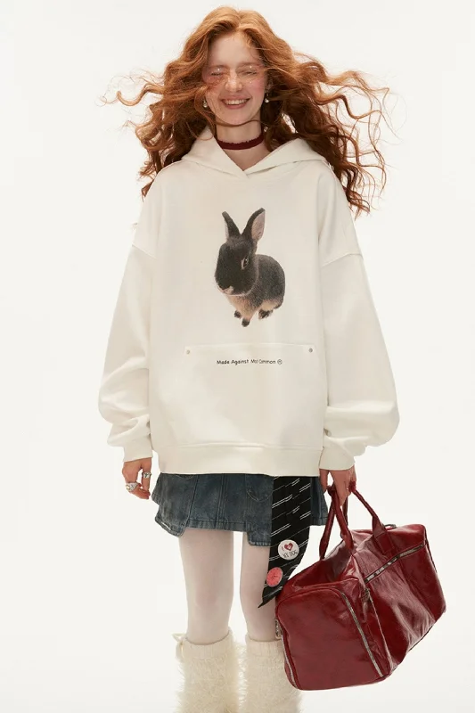 Bunny Print Oversized Hoodie Hoodie with Hem Drawcord Adjustable Customizable
