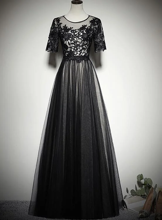 Black Tulle Long Prom Dress , Black Party Dress with Lace Applique Tunics Short Trendy Black Tulle Long Prom Dress , Black Party Dress with Lace Applique Tunics Short Trendy