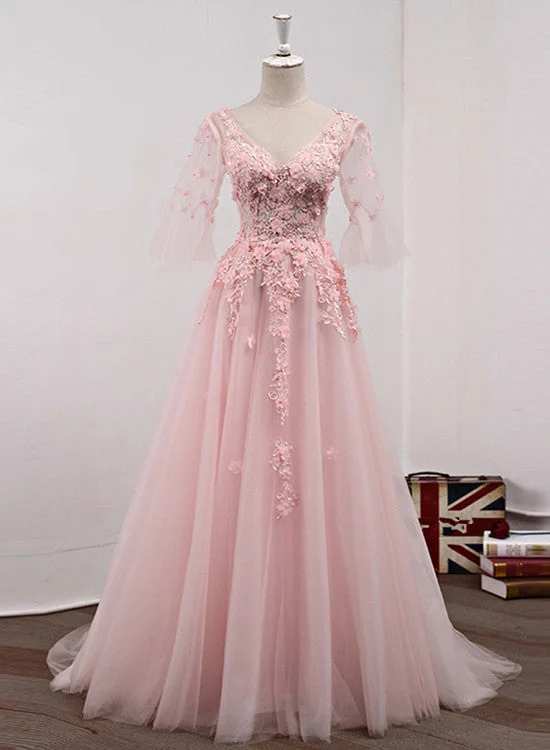 Charming Light Pink Tulle with Lace Applique Party Dress, V-neckline Prom Dress Tunics Stylish modern Charming Light Pink Tulle with Lace Applique Party Dress, V-neckline Prom Dress Tunics Stylish modern