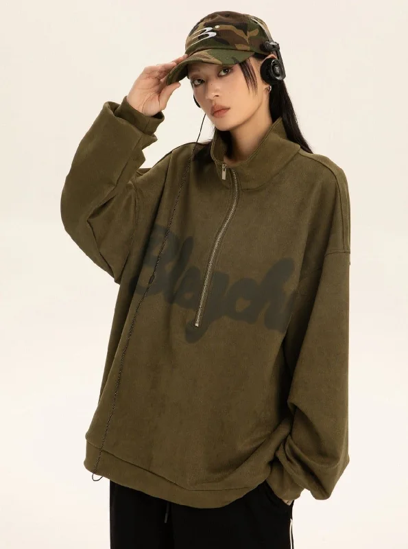 Luxury Oversized Suede Sweatshirt With Zipper Polo Collar Hoodie with Embroidery Detailed Premium Luxury Oversized Suede Sweatshirt With Zipper Polo Collar Hoodie with Embroidery Detailed Premium