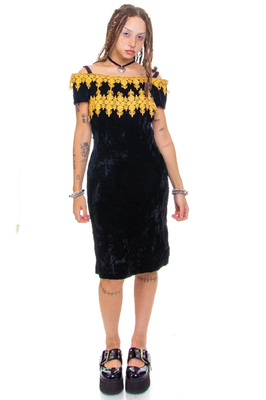 Vintage 80's Velvet & Gold Dress - S/M Crew Neckline Casual