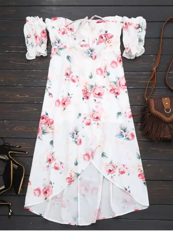 Stunning Off Shoulder High Low Floral Dress Tunics Canvas sturdy