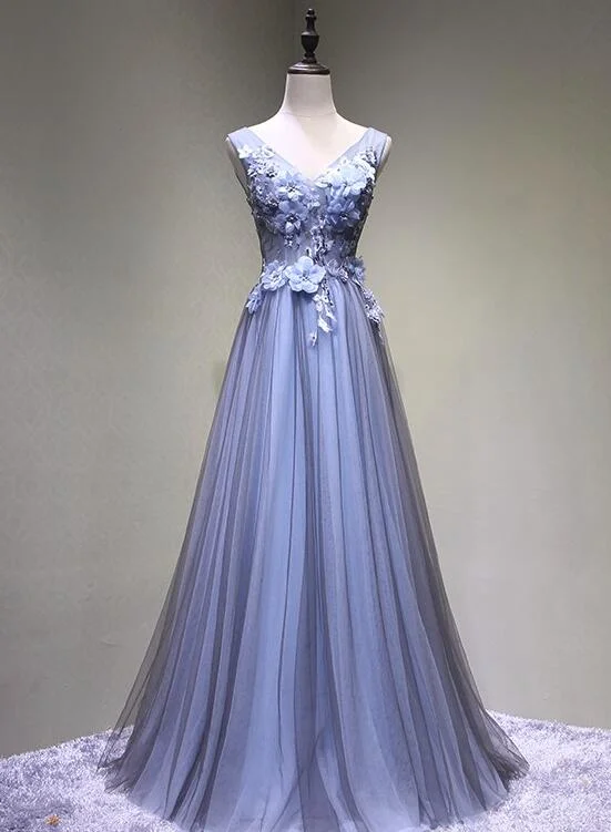 Blue-Grey V-neckline Floral Tulle Long Party Dress, Charming Formal Gown Tunics Velvet soft Blue-Grey V-neckline Floral Tulle Long Party Dress, Charming Formal Gown Tunics Velvet soft