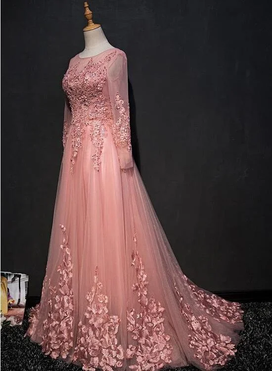 Pink Lace Applique Tulle Floor-length A-line Prom Dresses, Long Sleeves Party Dress Tunics Favorite customer Pink Lace Applique Tulle Floor-length A-line Prom Dresses, Long Sleeves Party Dress Tunics Favorite customer
