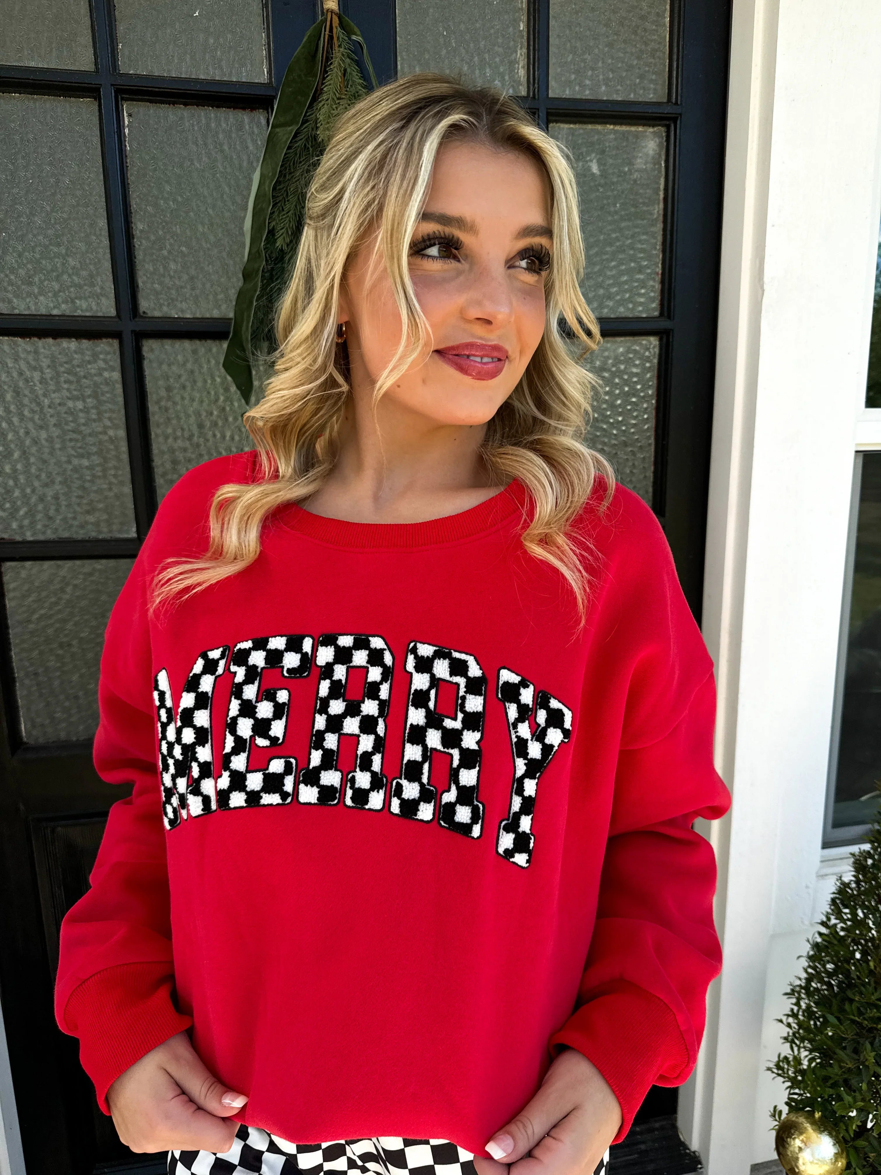 Blakeley Sherpa Checkered Patch Letters "Merry" Sweatshirt Hoodie with Hem Applique Textured Unique Blakeley Sherpa Checkered Patch Letters "Merry" Sweatshirt Hoodie with Hem Applique Textured Unique