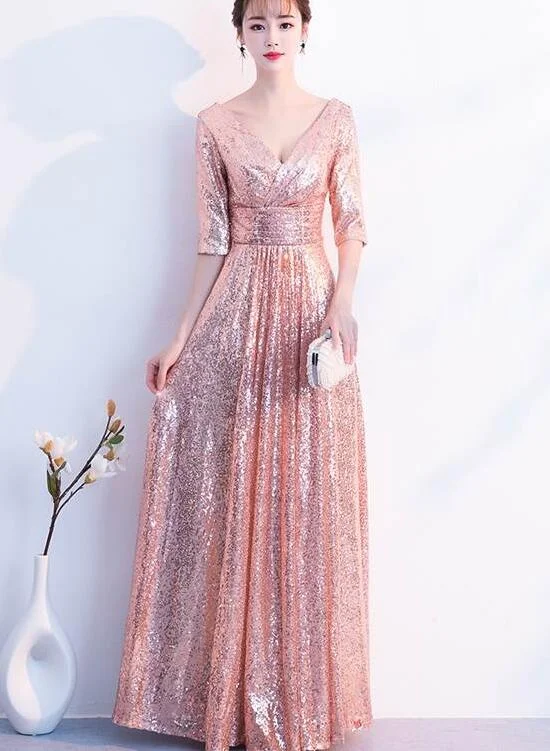 Charming 1/2 Sleeves Sequins Long Bridesmaid Dress, Party Dress Lace Sexy Club
