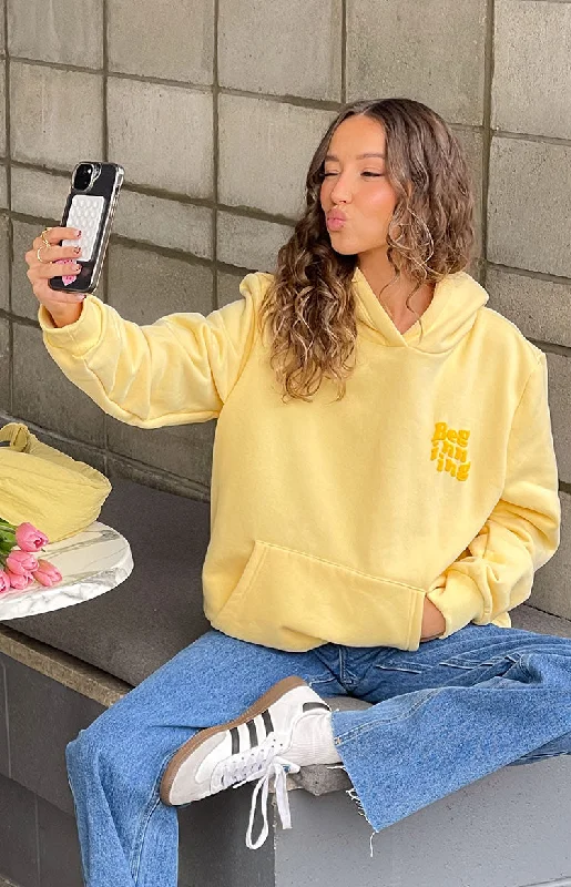 Beginning Yellow Snuggle Bubble Hoodie Hoodie with Hem Applique Textured Unique