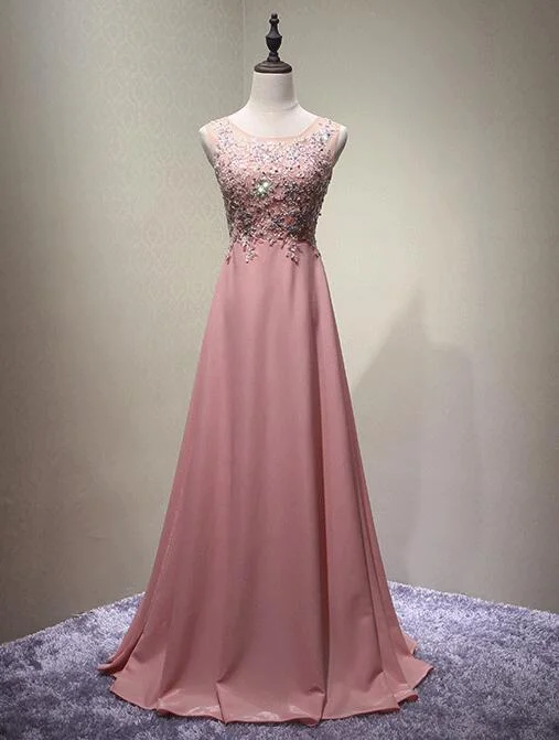 Pink Round Neckline Chiffon and Beaded Party Dresses , Long Formal Dresses Tunics stripes playful Pink Round Neckline Chiffon and Beaded Party Dresses , Long Formal Dresses Tunics stripes playful