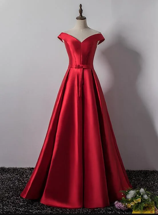 Charming Red Satin Long Party Dress, Red Prom Gown Tunics Formal black