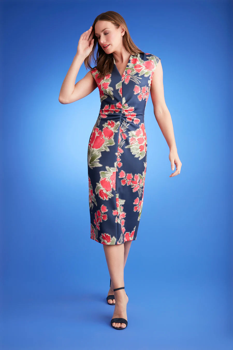 Extra Shoulder V-Neck Dress | Navy/Berry Floral Print girly