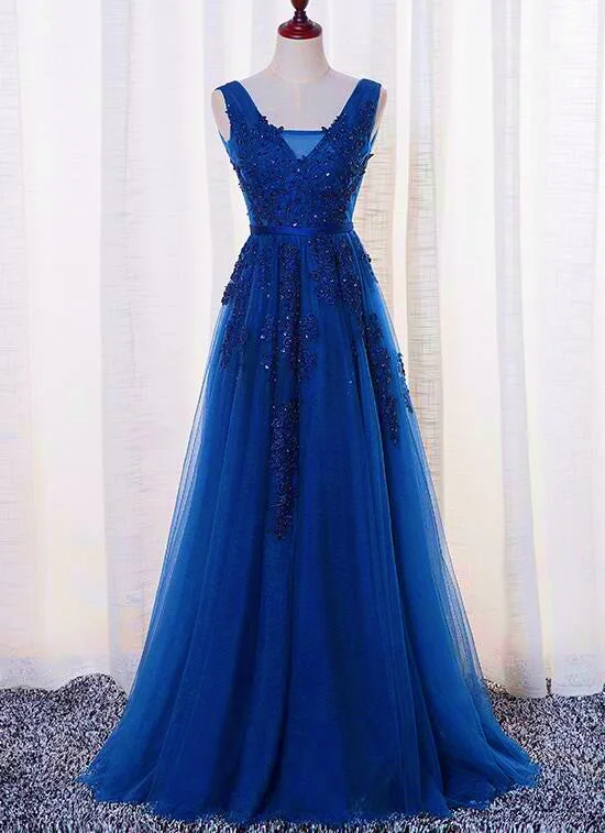 Elegant Blue Lace Applique Long Party Dress , Blue Prom Dress Tunics Summer linen
