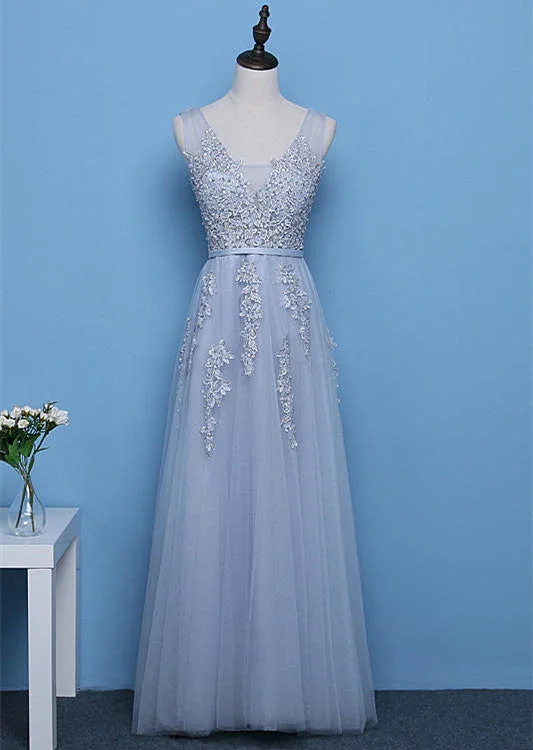 Cute A-line Grey Tulle Long Prom Dress, Lace Applique Party Dress Tunics stripes playful Cute A-line Grey Tulle Long Prom Dress, Lace Applique Party Dress Tunics stripes playful