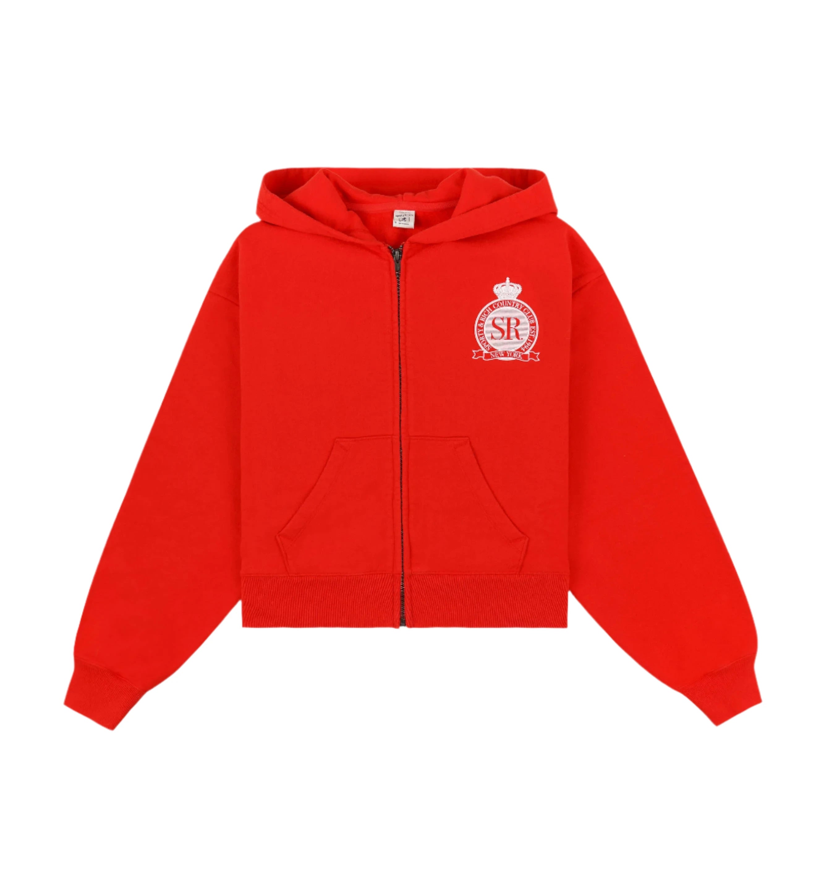 Royal Club Zipped Cropped Hoodie (Bright Red/White) Hoodie with Hem Contrast Bold Stylish Royal Club Zipped Cropped Hoodie (Bright Red/White) Hoodie with Hem Contrast Bold Stylish