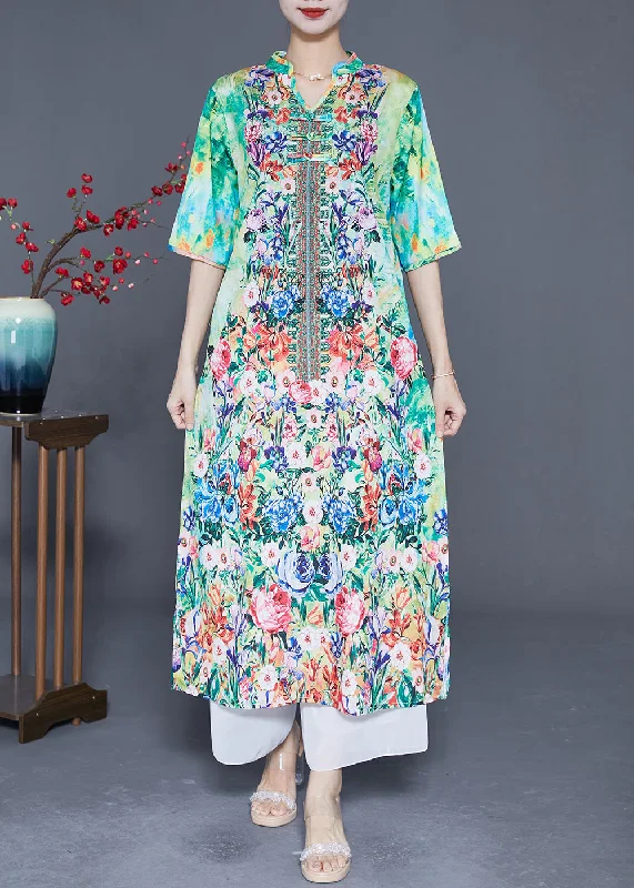 Bohemian Green Print Chinese Button Chiffon Party Dress Summer Tunics Cozy soft