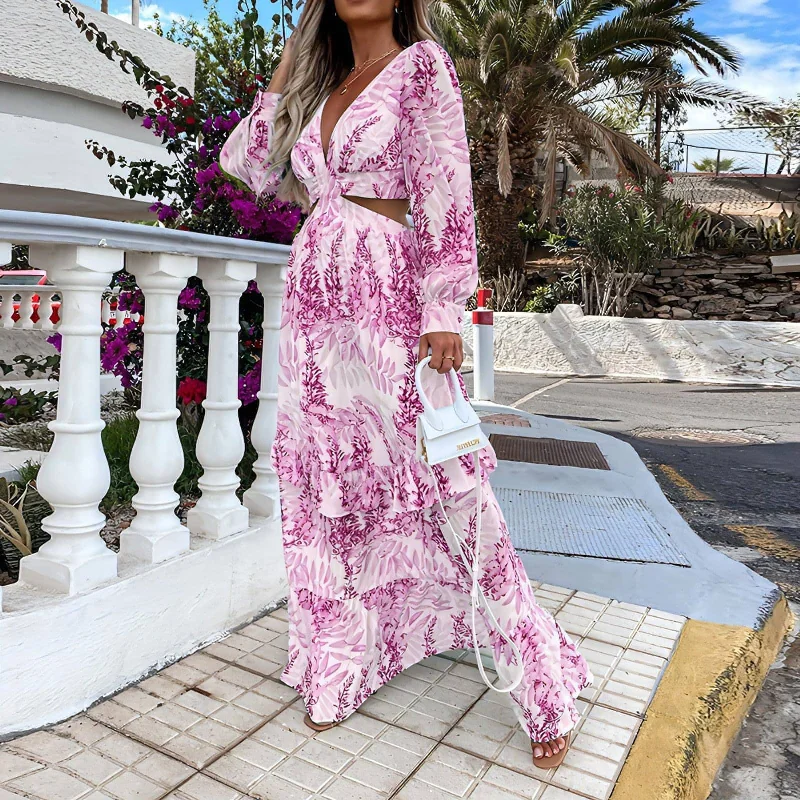 New sexy V-neck hollow design print holiday long-sleeved dress Tunics Versatile functional New sexy V-neck hollow design print holiday long-sleeved dress Tunics Versatile functional