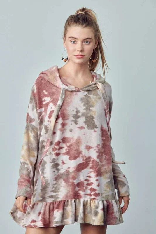 Tie Dye Fleece Ruffle Bottom Hoodie Tunic - Jade by Jane Hoodie with Ribbed Hem Stretchable Secure Tie Dye Fleece Ruffle Bottom Hoodie Tunic - Jade by Jane Hoodie with Ribbed Hem Stretchable Secure