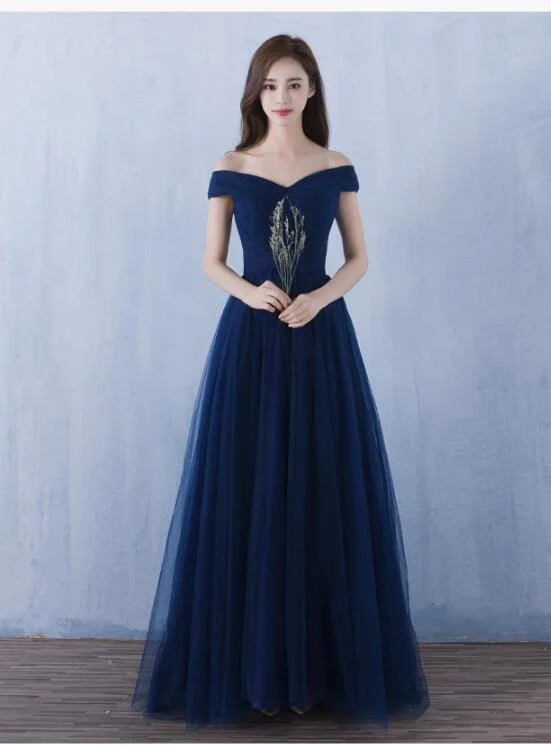 Beautiful Navy Blue Off Shoulder Tulle Formal Dress, Lovely Party Dresses Peplum Ruffle Cocktail Beautiful Navy Blue Off Shoulder Tulle Formal Dress, Lovely Party Dresses Peplum Ruffle Cocktail