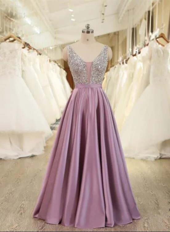 Pink Satin with Beaded V-neckline Long Party Dress, Gorgeous Formal Gowns Crew Neckline Casual Pink Satin with Beaded V-neckline Long Party Dress, Gorgeous Formal Gowns Crew Neckline Casual
