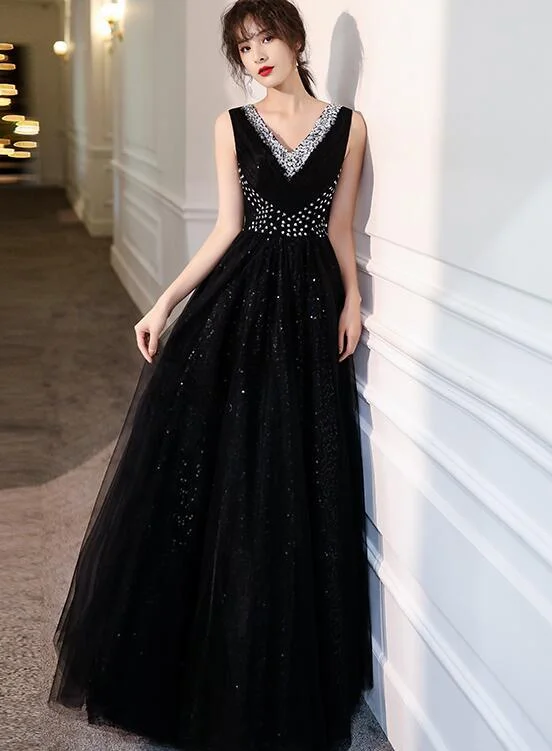 Charming Black Sequins and Beaded V-neckline Long Party Dress, Black Formal Dress Tunics Occasion special Charming Black Sequins and Beaded V-neckline Long Party Dress, Black Formal Dress Tunics Occasion special