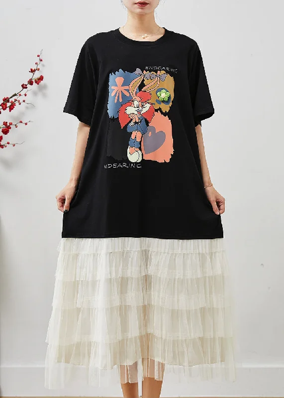 Style Black Oversized Patchwork Cartoon Tulle Party Dress Summer Tunics Trendy modern Style Black Oversized Patchwork Cartoon Tulle Party Dress Summer Tunics Trendy modern