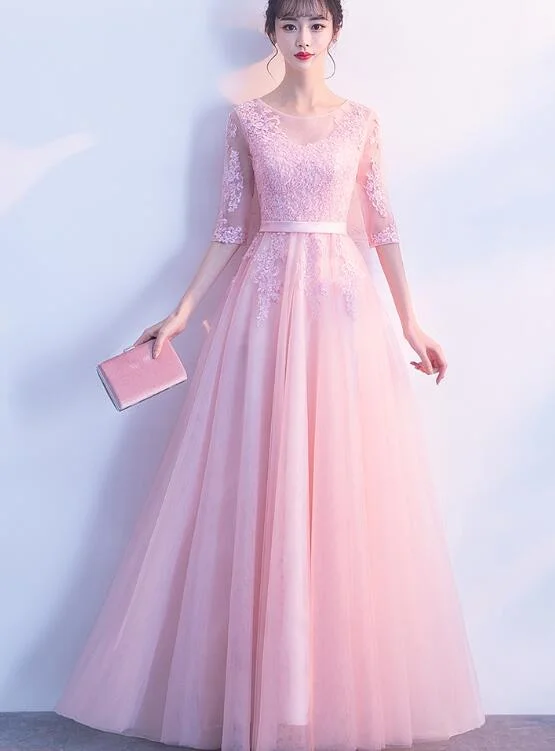 Beautiful Pink Tulle with Lace 1/2 Sleeves Party Dress, Pink Long Bridesmaid Dress Tunics Essential wardrobe Beautiful Pink Tulle with Lace 1/2 Sleeves Party Dress, Pink Long Bridesmaid Dress Tunics Essential wardrobe