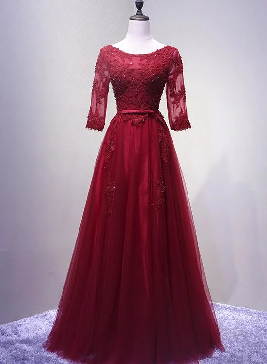 Wine Red Short Sleeves Tulle Long Formal Gown, Junior Prom Dress , Party Dress Tunics Fleece cozy Wine Red Short Sleeves Tulle Long Formal Gown, Junior Prom Dress , Party Dress Tunics Fleece cozy
