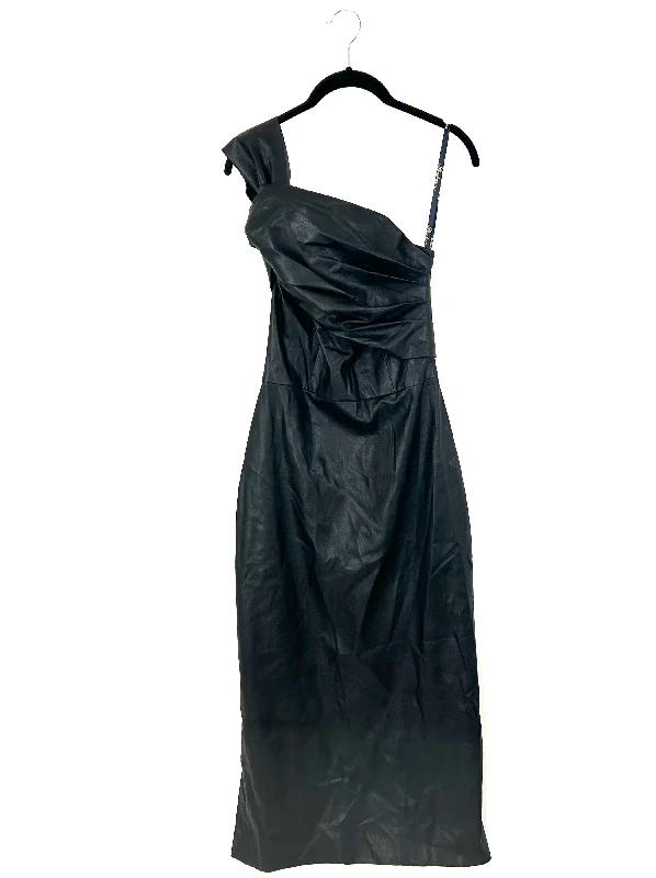 Black Faux Leather Long Dress - Size 4 Boat Neckline Classic
