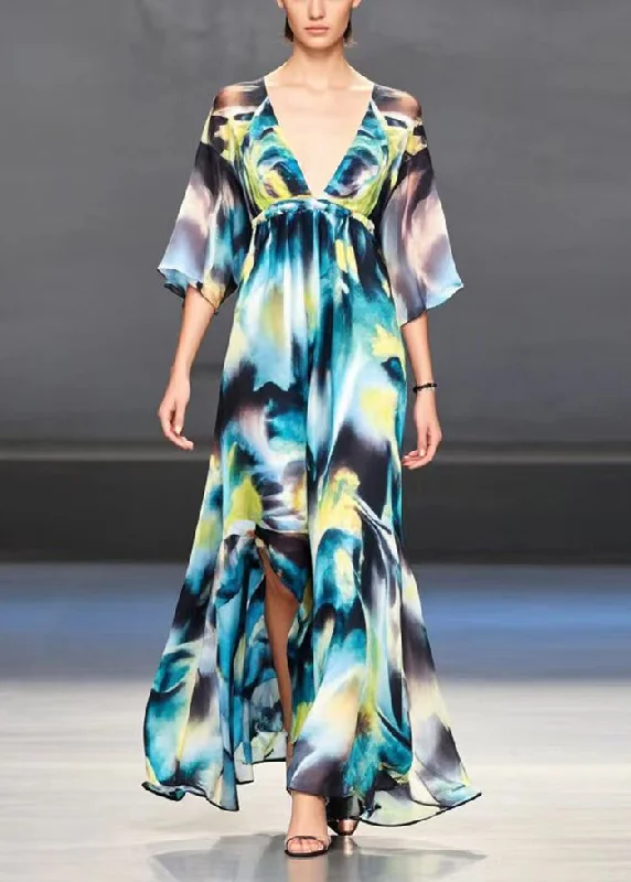 Women V Neck Tie Dye Side Open Chiffon Party Dresses Summer Boatneck Modish Everyday Women V Neck Tie Dye Side Open Chiffon Party Dresses Summer Boatneck Modish Everyday