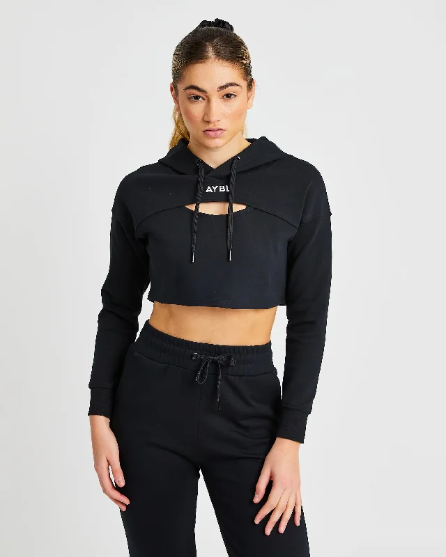 Everyday Cutout Crop Hoodie - Schwarz Hoodie with Side Slits Relaxed Casual