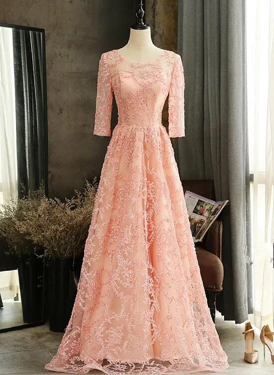 Pink Lace A-line Short Sleeves Bridesmaid Dress, Pink Long Party Dresses Tunics Timeless classic Pink Lace A-line Short Sleeves Bridesmaid Dress, Pink Long Party Dresses Tunics Timeless classic
