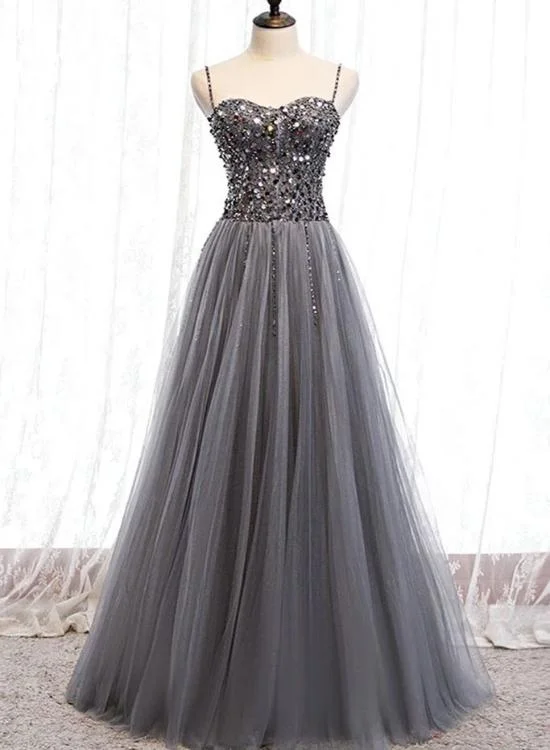 Beautiful Grey Beaded Tulle Prom Dresses, Straps Party Dress Tunics Essential wardrobe Beautiful Grey Beaded Tulle Prom Dresses, Straps Party Dress Tunics Essential wardrobe