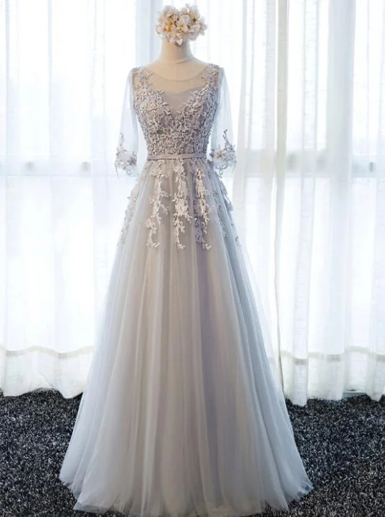 Grey Lovely Wedding Party Dress, Beautiful Tulle A-line Short Sleeves Wedding Party Dress sweetheart Neckline Romantic Grey Lovely Wedding Party Dress, Beautiful Tulle A-line Short Sleeves Wedding Party Dress sweetheart Neckline Romantic