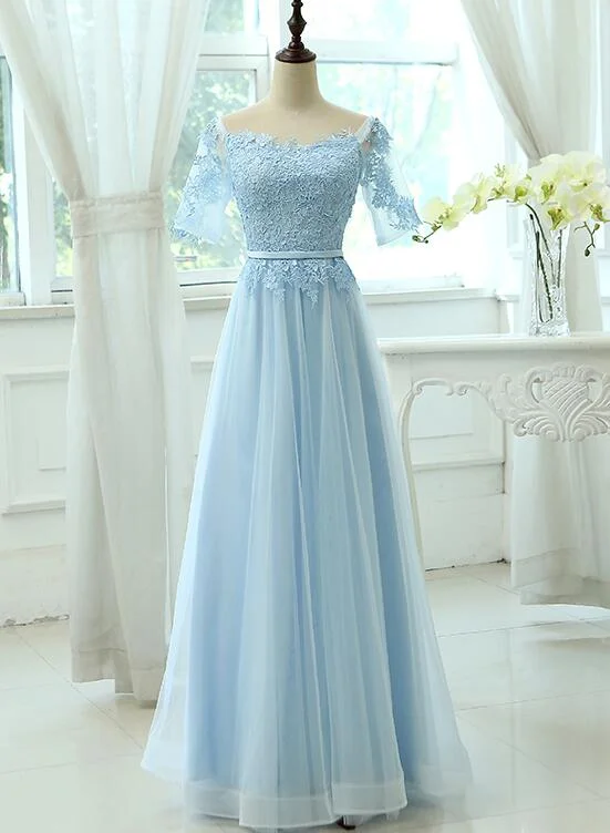 Light Blue Tulle Long Party Dress with Sleeves, Lace A-line Blue Bridesmaid Dress Tunics Silk luxurious Light Blue Tulle Long Party Dress with Sleeves, Lace A-line Blue Bridesmaid Dress Tunics Silk luxurious