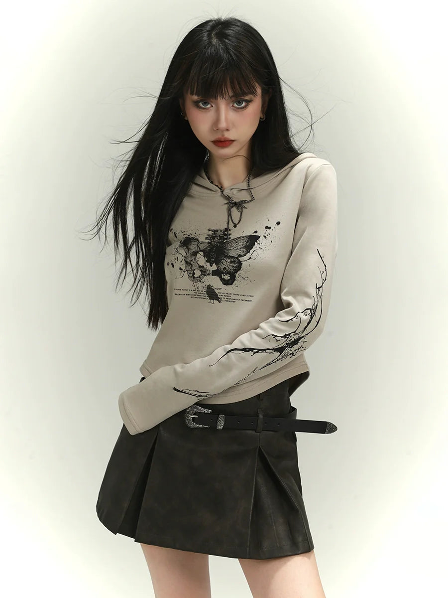 Ink Butterfly Print Hoodie Hoodie with Frayed Bohemian Relaxed