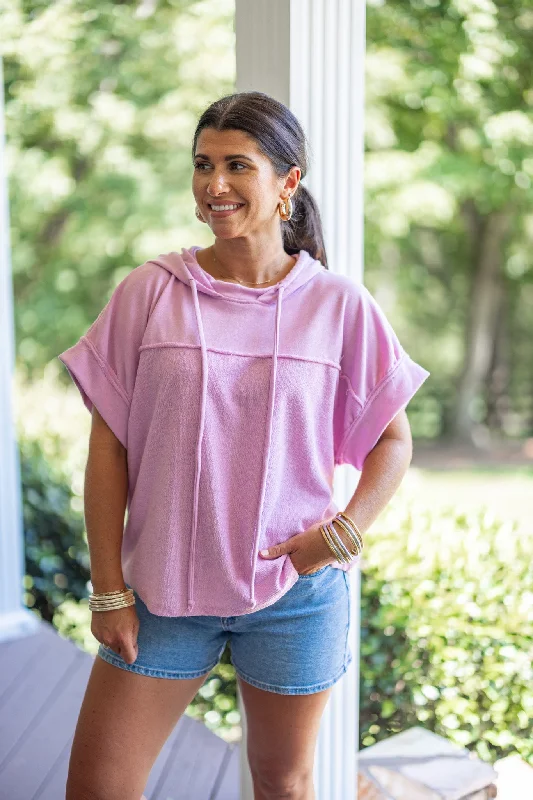 Pink Knit Short Sleeve Hoodie Cotton Hoodie Fleece Lining Warmth