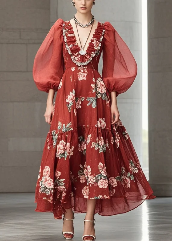 Stylish Red Puff Sleeve Print Chiffon Party Dress Tunics Recommended stylist