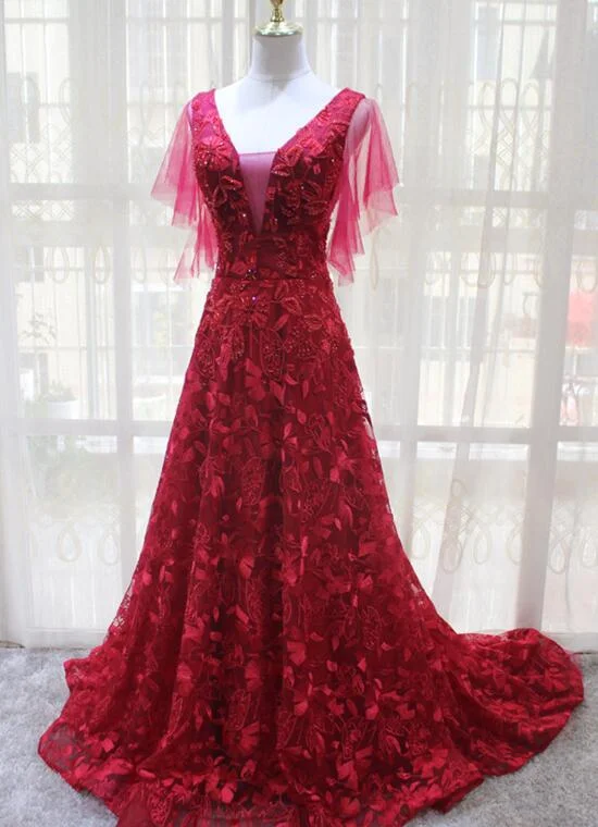 Charming Wine Red Lace A-line Long Prom Dress, Party Dress Tunics Running lightweight Charming Wine Red Lace A-line Long Prom Dress, Party Dress Tunics Running lightweight