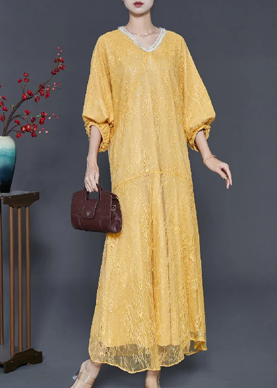 Handmade Yellow Sequins Silm Fit Lace Party Dresses Summer Tunics Practical durable