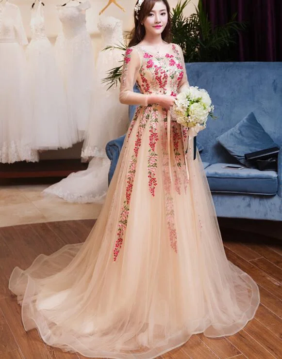 Beautiful Long Sleeves Tulle A-line Party Dress , Tulle Flowers Evening Gown Pleated Skirt Elegant Beautiful Long Sleeves Tulle A-line Party Dress , Tulle Flowers Evening Gown Pleated Skirt Elegant