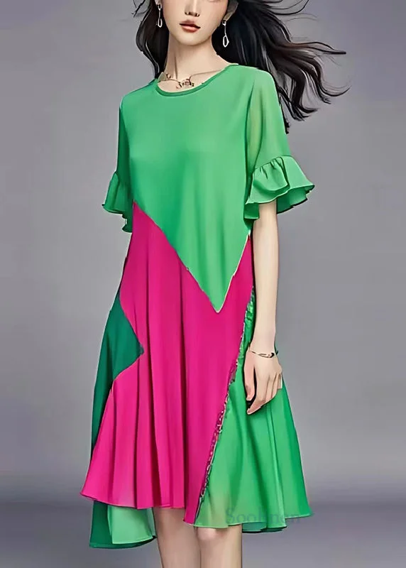 Natural Green Asymmetrical Patchwork Chiffon Party Dress Summer Tunics Chic elegant