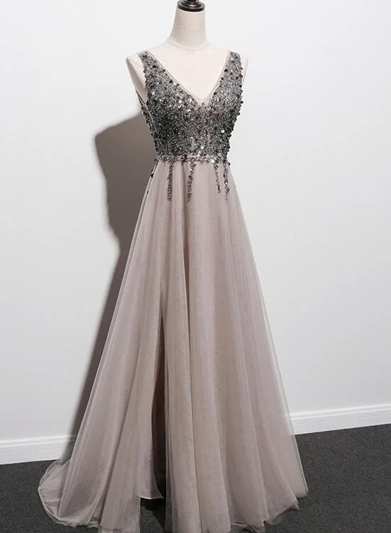Stylish Tulle Slit V-neckline Beaded Long Party Dress, Tulle Prom Dress Tunics Prom sequined Stylish Tulle Slit V-neckline Beaded Long Party Dress, Tulle Prom Dress Tunics Prom sequined